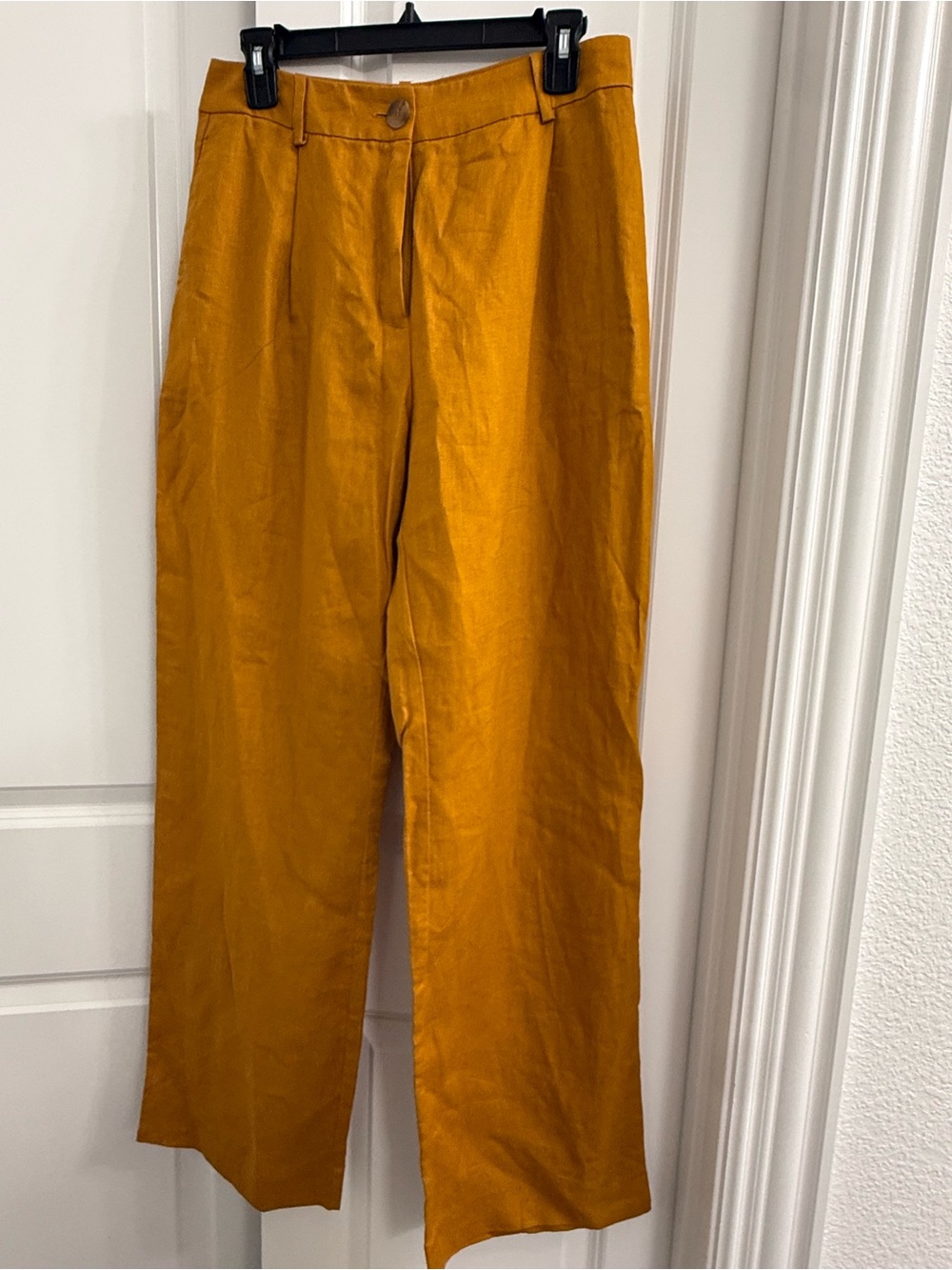 MNG Mango Mustard Yellow Women’s Tailored 100% Linen Blend Pants Wide Leg Chic